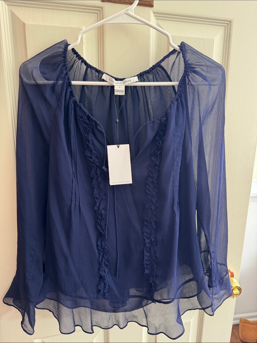 Diane Von Furstenberg Sheer Navy Ruffle-Trim off the shoulder silk Blouse